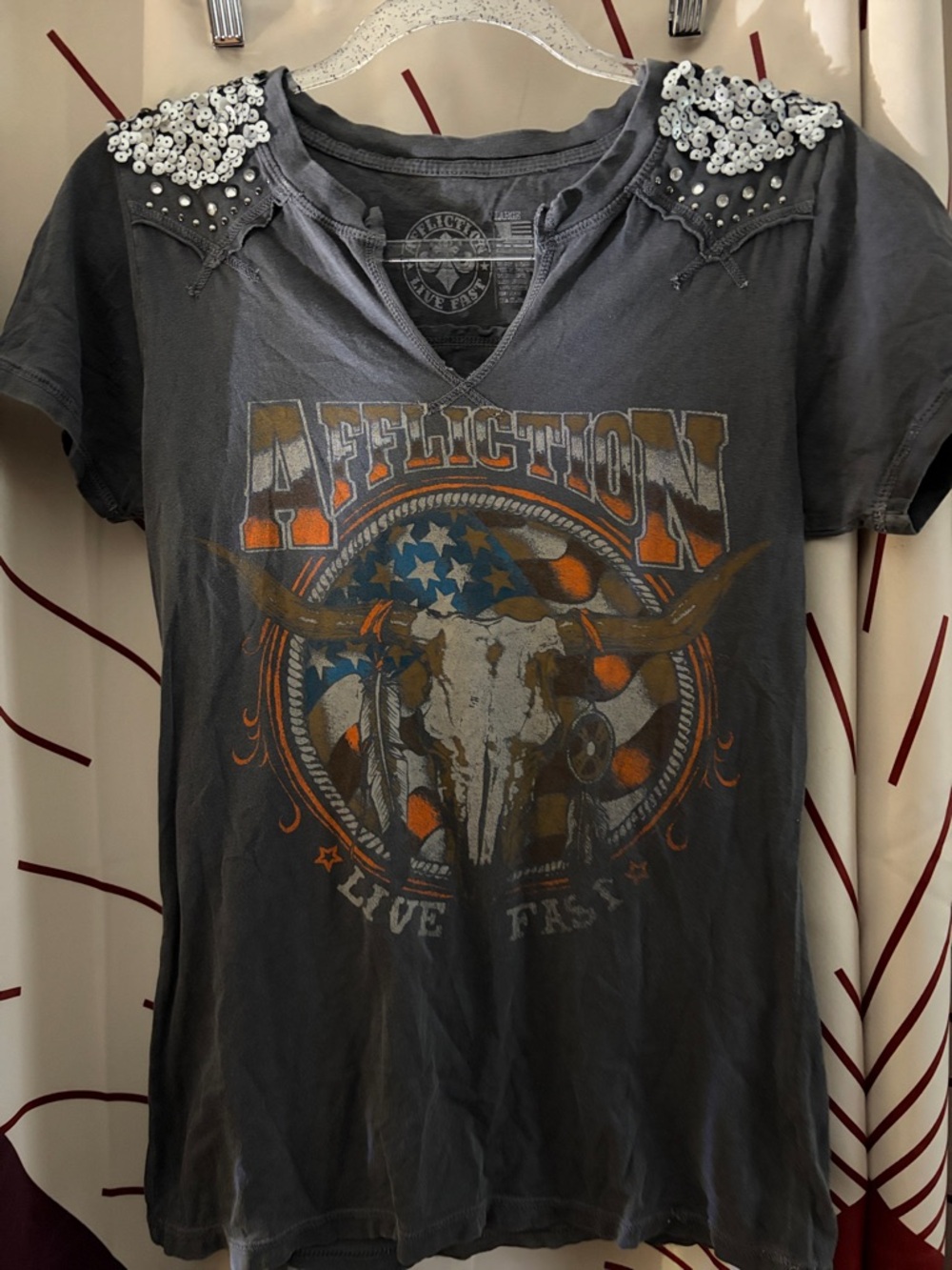 Affliction Women's Short Sleeve Graphic Tee in Gray with Orange and Blue Accents